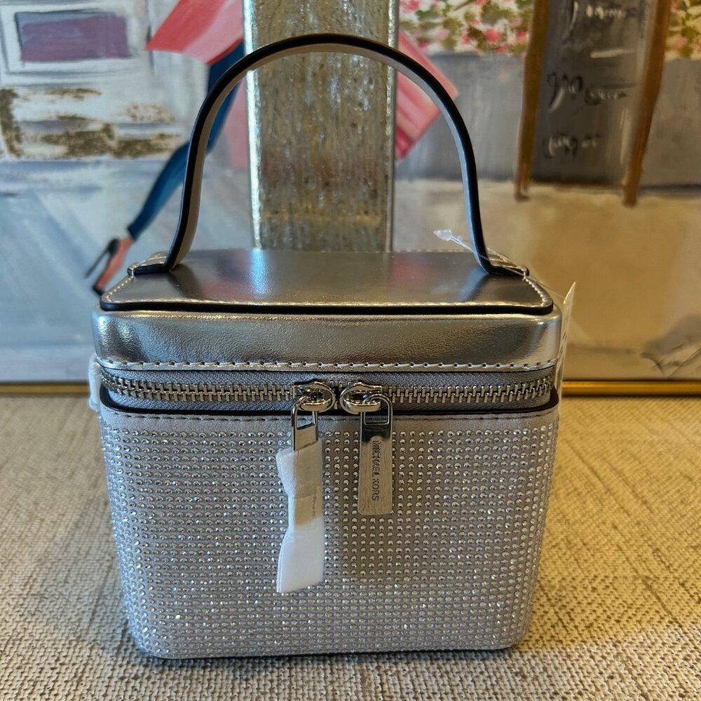 Michael Kors Sandrine Small Box Crossbody Trunk Silver Rhinestone Handbag